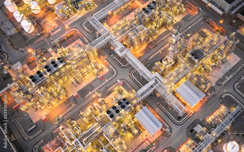Panorama aerial view of oil and gas refinery industrial - Refinery plant industry at twilight. Panorama aerial view of oil and gas refinery industrial - Refinery plant industry at twilight.