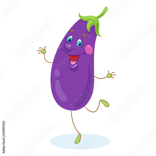 Funny eggplant. In cartoon style. Isolated on white background. Vector flat illustration.