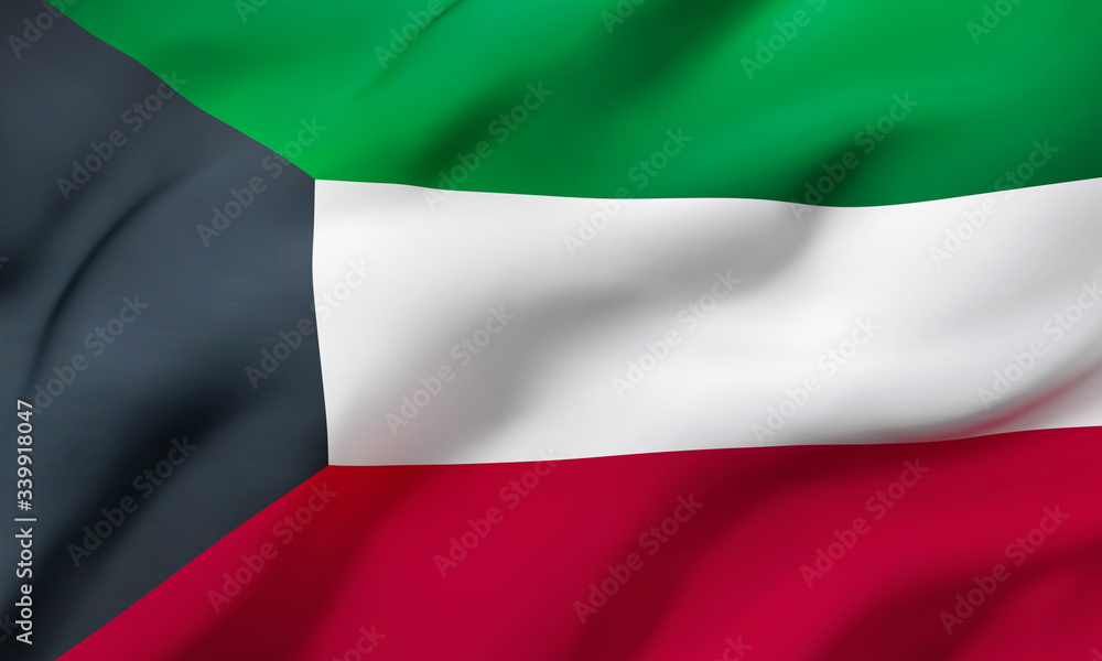 Flag of Kuwait blowing in the wind. Full page Kuwaiti flying flag. 3D illustration.