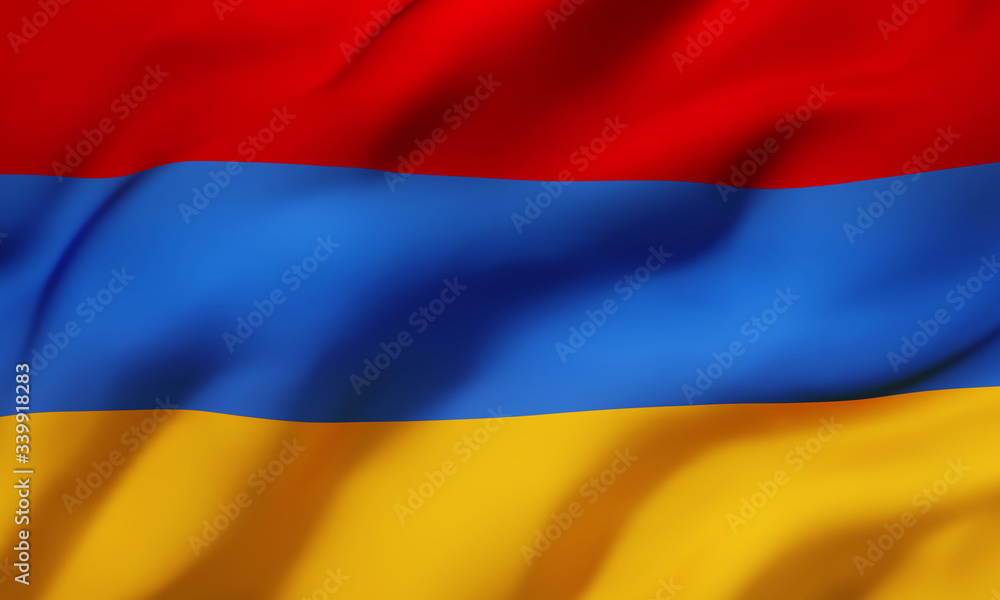 Naklejka premium Flag of Armenia blowing in the wind. Full page Armenian flying flag. 3D illustration.