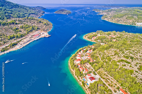 Korcula island. Bay entrance of Vela Luka aerial view,
