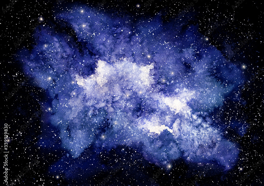 Watercolor Illustration with Deep Blue Nebula
