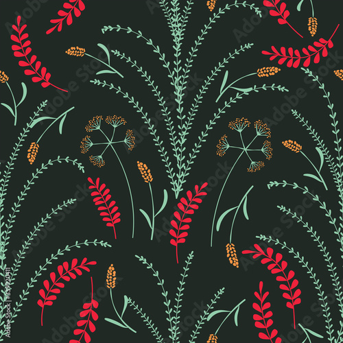Vector seamless  pattern with  leaves and  flowers on dark background.  Floral illustration for textile, print, wallpapers, wrapping.