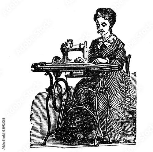 Woman at sewing machine illustration, 1800s line art drawing, black and white.