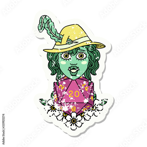 half orc bard with natural twenty dice roll  grunge sticker