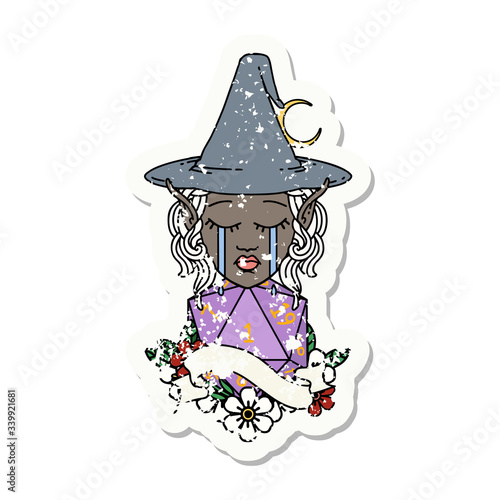 crying elf mage character face with natural one D20 roll illustration