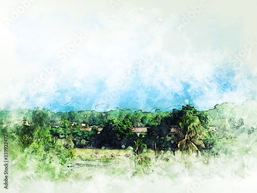 abstract colorful mountain range and tree landscape on watercolor illustration painting background. © Watercolor_Concept
