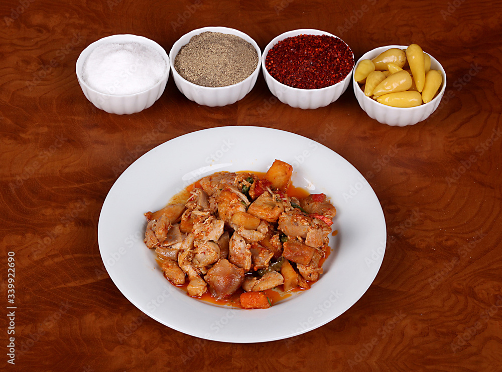 perfect turkish food chicken saute spicy on white plate perfect turkish food chicken saute spicy on white plate