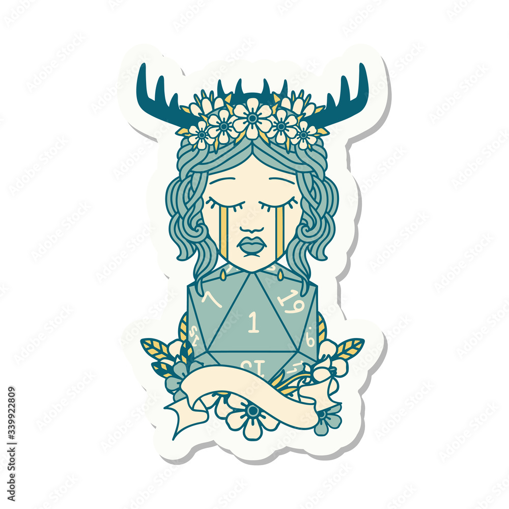 crying human druid with D20 natural one roll sticker crying human druid with D20 natural one roll sticker