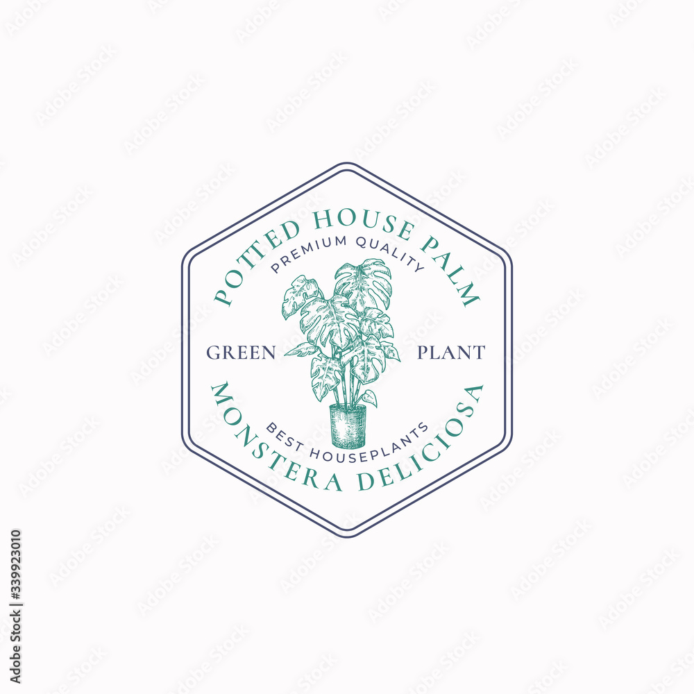 Monstera Badge or Logo Template. Hand Drawn Potted Tropic Palm with Leaves Sketch with Retro Typography and Borders. Vintage Premium Home Gardening Emblem in a Frame. Monstera Badge or Logo Template. Hand Drawn Potted Tropic Palm with Leaves Sketch with Retro Typography and Borders. Vintage Premium Home Gardening Emblem in a Frame.