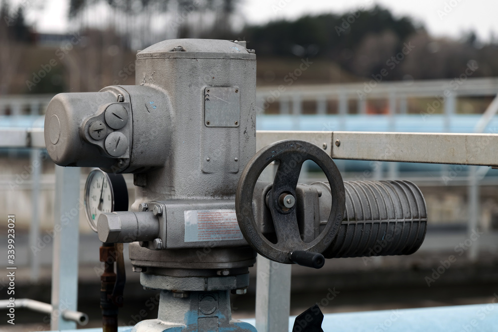 Industry. Cleaning of drains. Mechanical air supply valve. Close-up. Industry. Cleaning of drains. Mechanical air supply valve. Close-up.