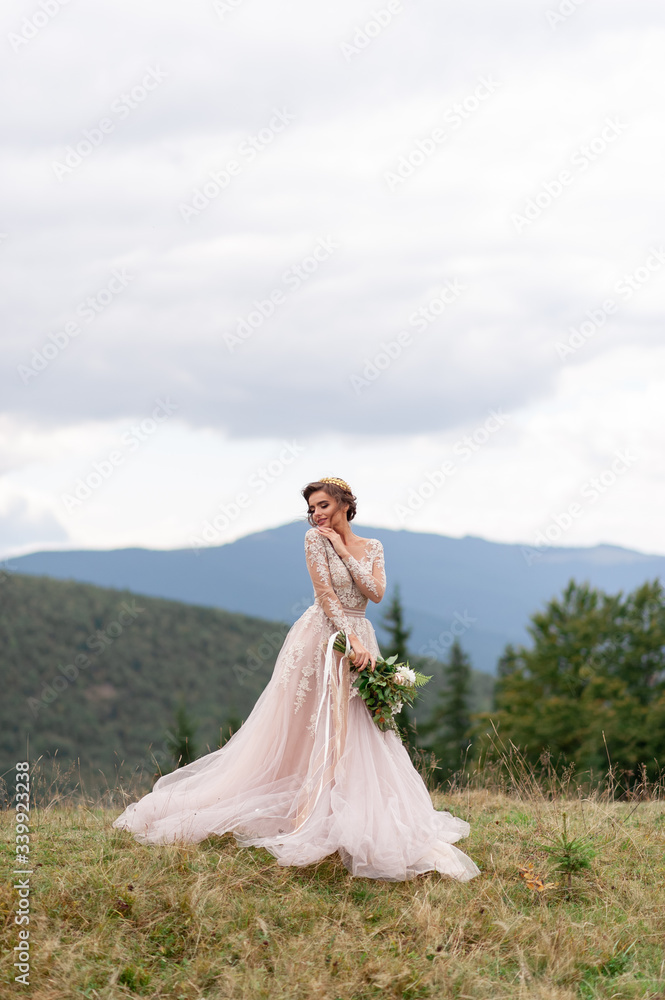 Beautiful bride posing in her wedding dress on a background of mountains.