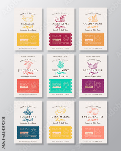 Family Recipe Fruit, Berries and Spices Liquor Acohol Labels Collection. Abstract Vector Packaging Design Layouts Set. Modern Typography Banners with Hand Drawn Logo and Background.