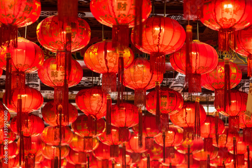 Chinese New Year Decorative Lanterns, Chinese new year decorations at Wat Leng Nei Yee 2 Temple.Words Chinese language mean " best wishes and lucrative" for chinese new year 2020