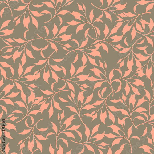 Pink leaves on beige background: floral seamless pattern, tender wallpaper and textile design. Vector graphics.