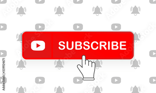 Red subscribe button with mouse pointer and notification bell and media player icon flat in modern colour design concept on isolated white background. EPS 10 vector.