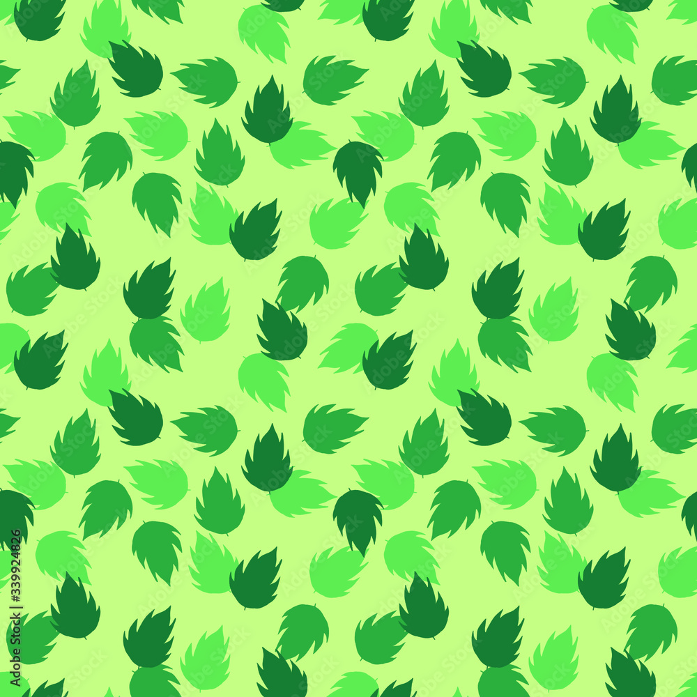 Green leaves on light-green background: floral seamless pattern, tender wallpaper and textile design. Vector graphics.