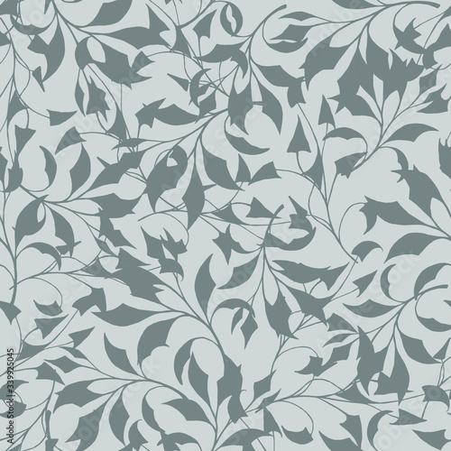 Grey leaves on light-grey background: floral seamless pattern, tender wallpaper and textile design. Vector graphics.
