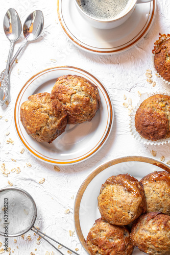 brown banana toffie muffins on a white background photo