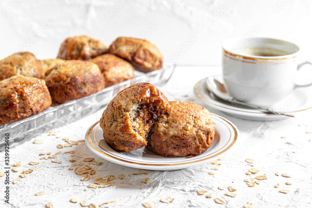 brown banana toffie muffins on a white background brown banana toffie muffins on a white background
