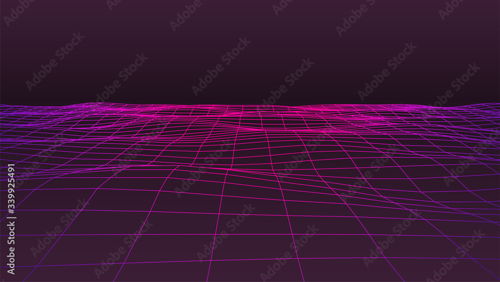 Synthwave background. Pink perspective grid backdrop. Wavy 3d landscape ...