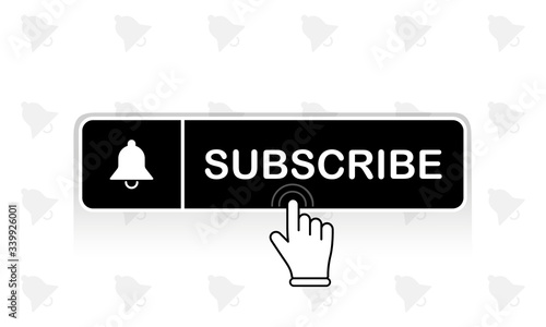 Black subscribe button with mouse pointer and notification bell icon flat in modern colour design concept on isolated white background. EPS 10 vector