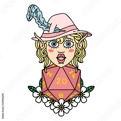 elf bard character with natural twenty dice roll illustration