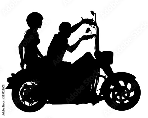 Man in protective clothing rides a retro bike. Isolated silhouette on a white background