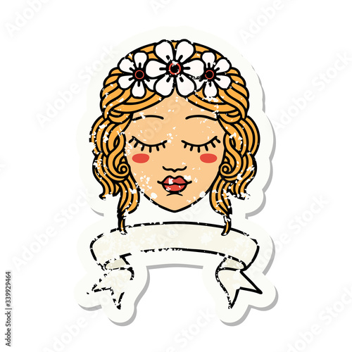 grunge sticker with banner of female face with eyes closed