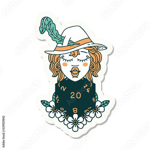 human bard with natural 20 dice roll sticker
