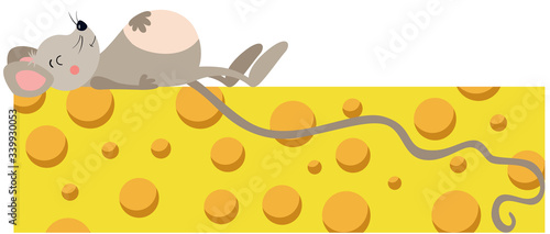 Little mouse lying on top of big cheese