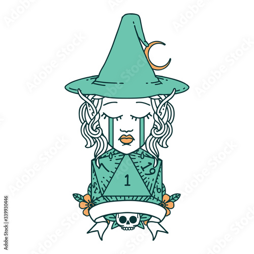 crying elf mage character with natural one dice roll illustration