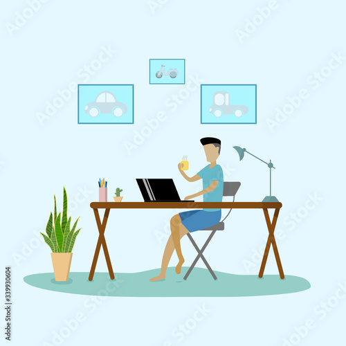 Work at home concept design.One men works online with a laptop on a wood table.Vector illustrator.Online work,stardy,shopping.