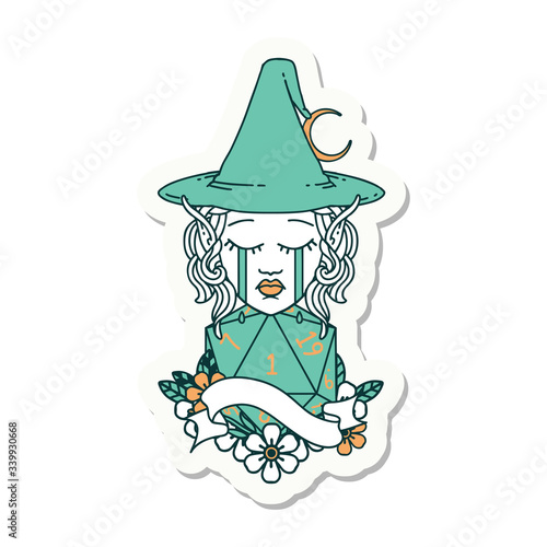 crying elf mage character face with natural one D20 roll sticker