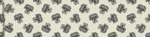 Hand drawn cute schnauzer dog face breed seamless border pattern. Purebred pedigree domestic dog background. Dog lover English hunting pet washi ribbon. Kennel pooch EPS 10. 