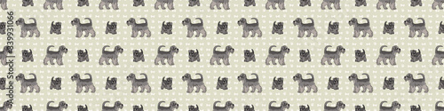 Hand drawn cute schnauzer dog and puppy breed seamless border pattern. Purebred pedigree domestic dog background. Dog lover English hunting pet washi ribbon. Kennel pooch EPS 10. 