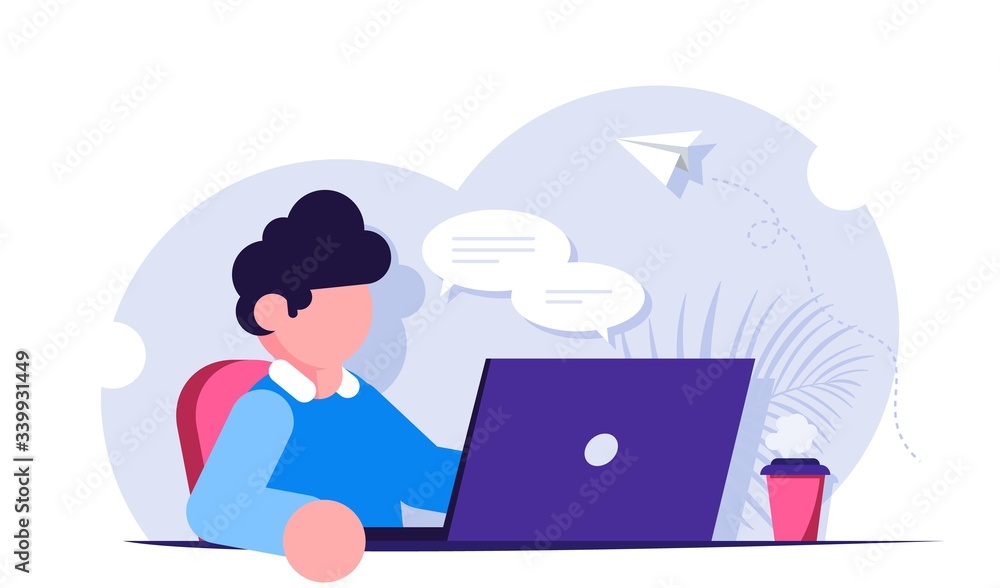 Freelancer or office worker sits at a desk with a laptop and a mug of coffee. Distance work from home. Modern flat vector illustration.