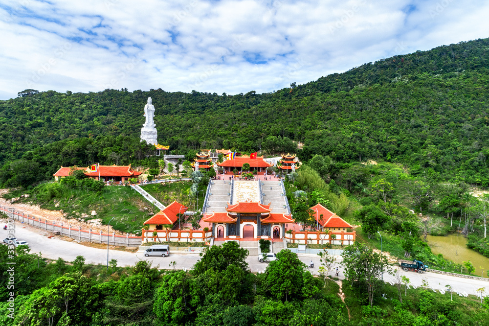View of Chinese temple on Phu Quoc island ,Vietnam. From aerial , Ho Quoc pagoda