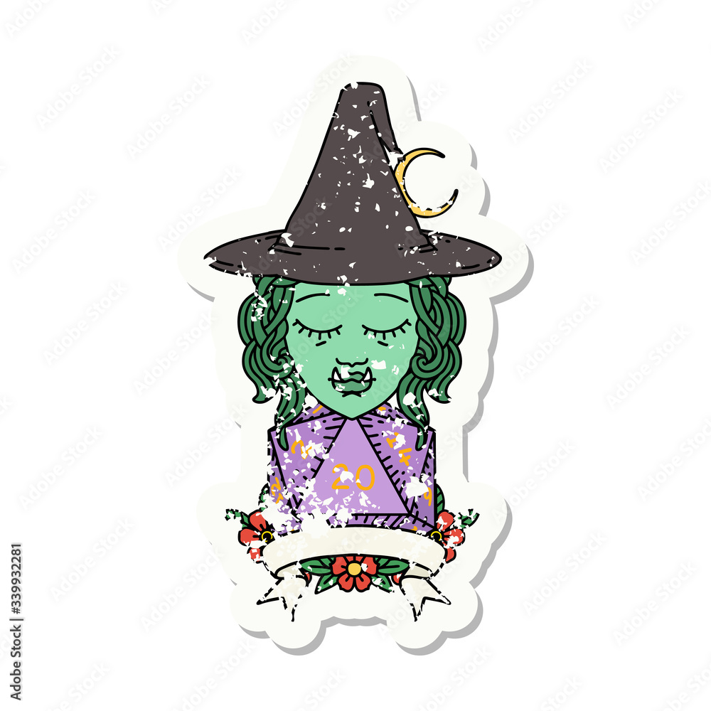 half orc witch character with natural 20 dice roll illustration