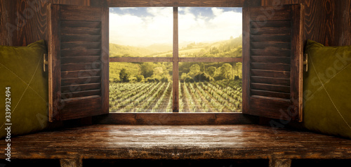 Wooden window sill and free space for your decoration.Spring landscape of tuscany  © magdal3na