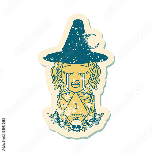 sad half orc witch character with natural one D20 roll illustration