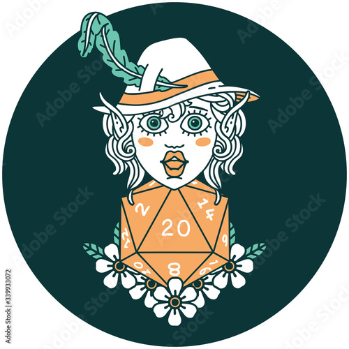 elf bard character with natural twenty dice roll icon