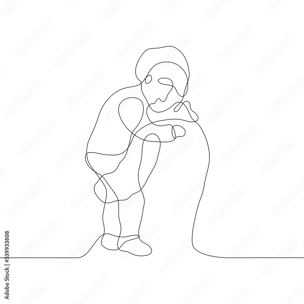 Drawing of an adult man from the back of a child who has fallen asleep. One continuous line black and white art. Vector illustration for father's day can be used for animation. Drawing of an adult man from the back of a child who has fallen asleep. One continuous line black and white art. Vector illustration for father's day can be used for animation.