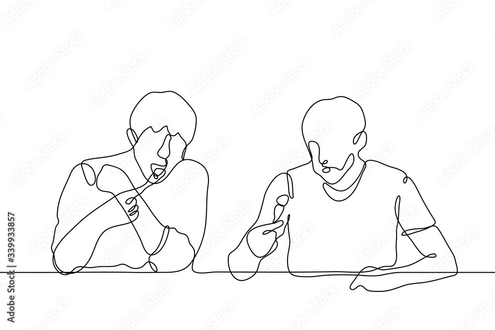 two men sit on one side of the table and eat informally with appetite. Each gourmet with an open mouth holds a fork with food. Vector one continuous line drawing of friends eating two men sit on one side of the table and eat informally with appetite. Each gourmet with an open mouth holds a fork with food. Vector one continuous line drawing of friends eating