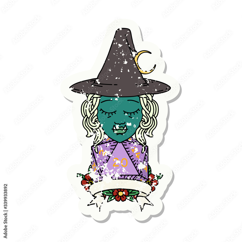 half orc witch character with natural 20 dice roll illustration