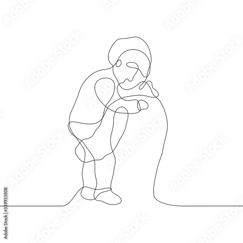 Drawing of an adult man from the back of a child who has fallen asleep. One continuous line black and white art. Vector illustration for father's day can be used for animation.