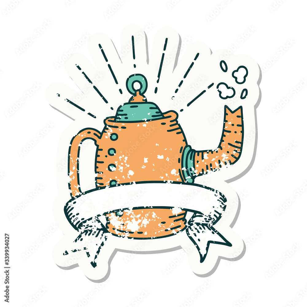grunge sticker of tattoo style old coffee pot steaming grunge sticker of tattoo style old coffee pot steaming