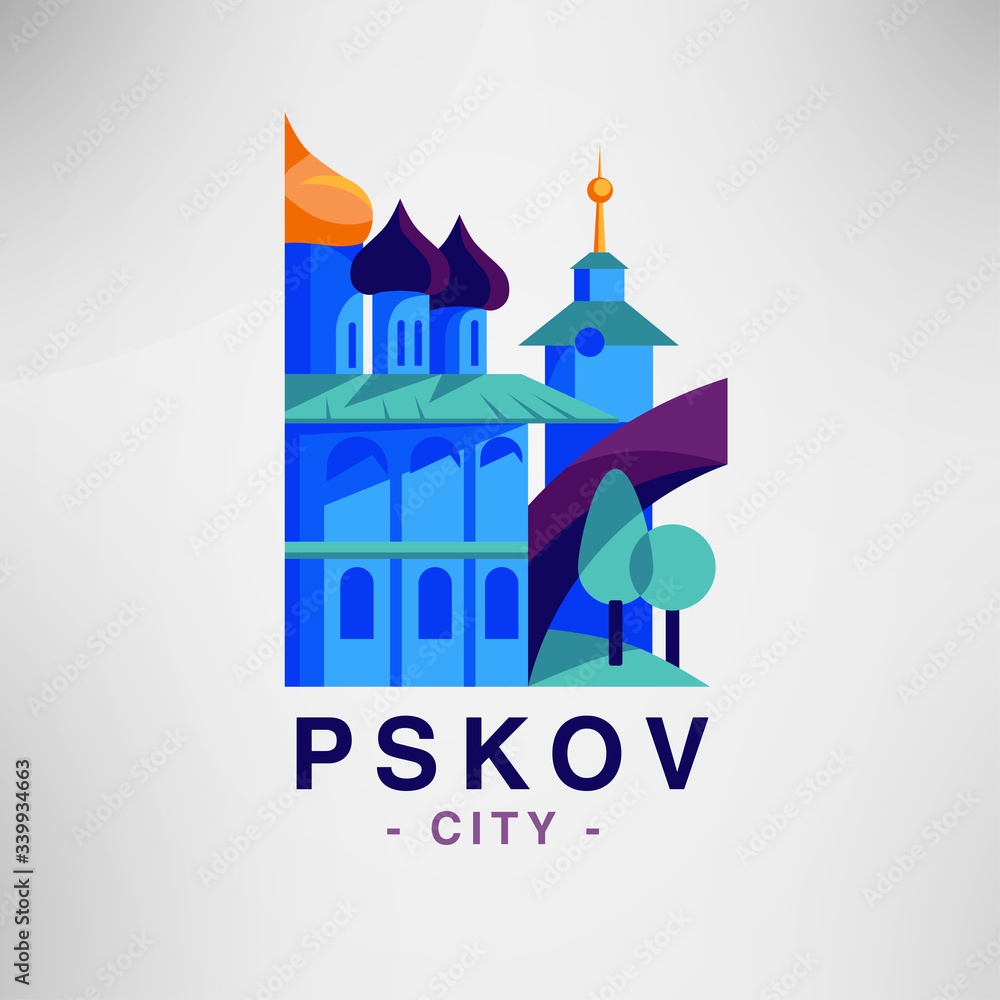 Vector logo city Russia Pskov Temple with domes blue color