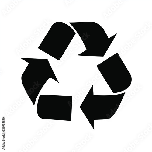 Recycle sign isolated on white background. Three black arrows circulate. Management of waste materials that are garbage and pass through the transformation process, especially the melting process.