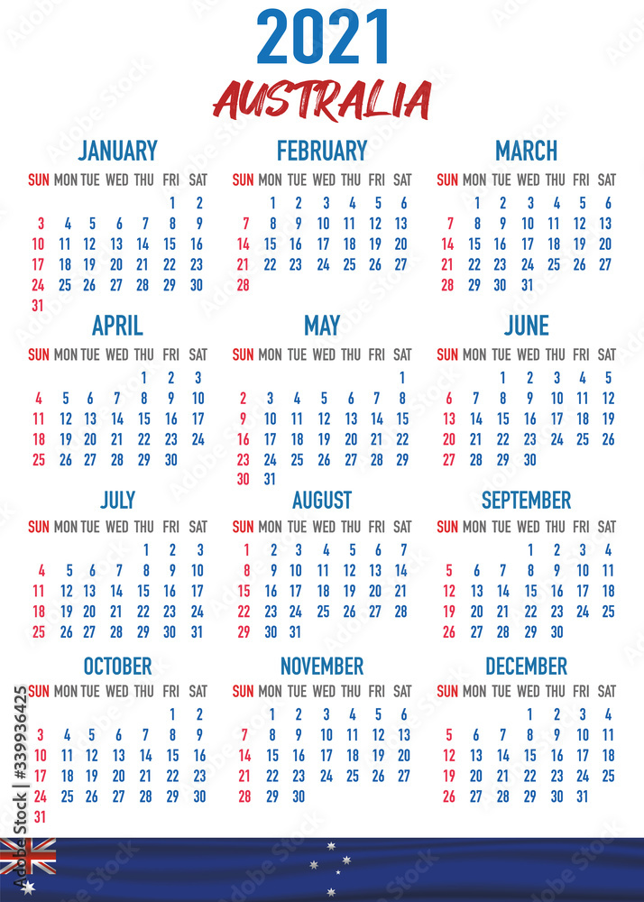 Australia Calendar with flag. Month, day, week. Simply flat design. Vector illustration background for desktop, business, reminder, planner Australia Calendar with flag. Month, day, week. Simply flat design. Vector illustration background for desktop, business, reminder, planner